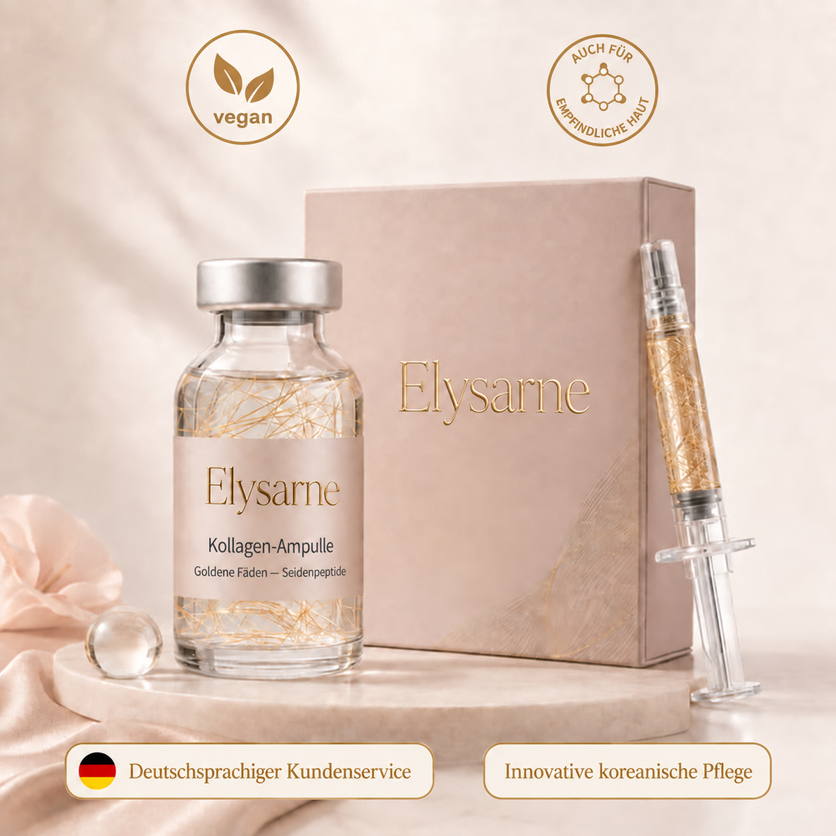 Elysarne Kollagen-Ampulle mit Verpackung und Applikator – deutsche Produktdarstellung