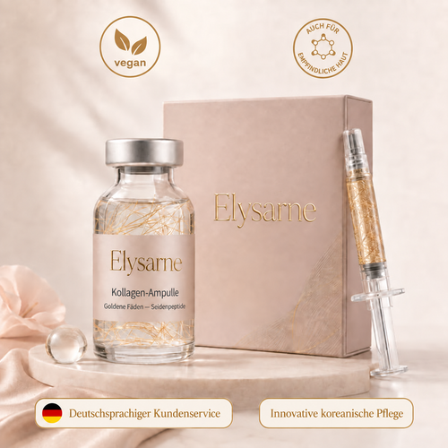 Elysarne Kollagen-Ampulle mit Verpackung und Applikator – deutsche Produktdarstellung