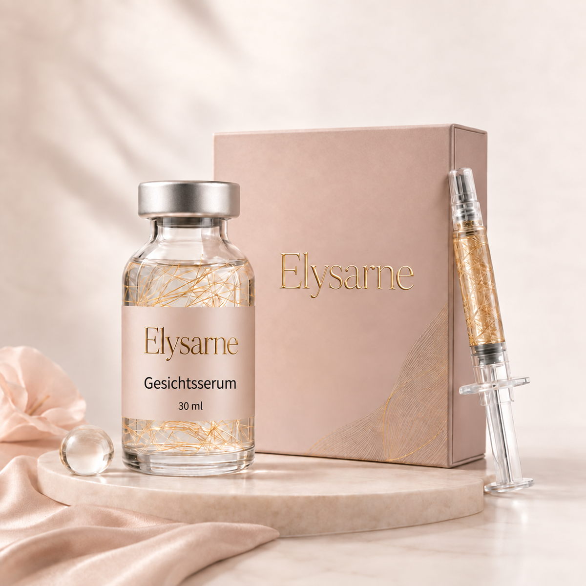 Elysarne Gesichtsserum im 30-ml-Flakon mit Applikator – Produktillustration.
